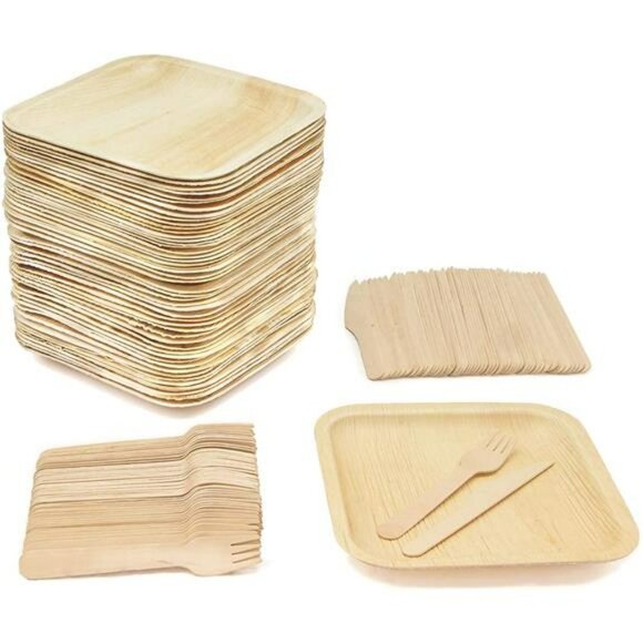 50 Disposable 8" Square Palm Leaf Plates, 50 Wood Forks, 50 Wood Knives